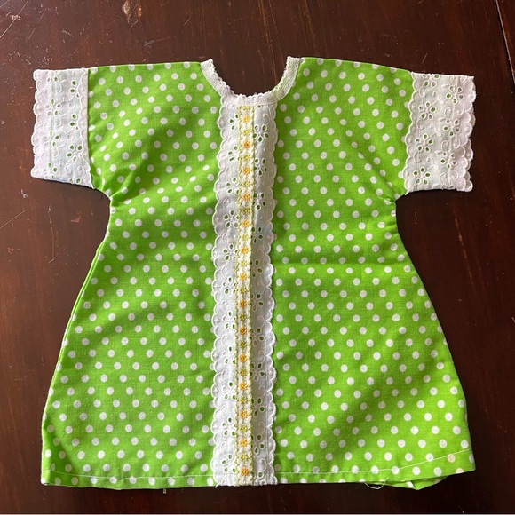 Vintage Baby Dress Green Polka Dot with Lace Trim Handmade 70’s Peasant - Picture 5 of 5